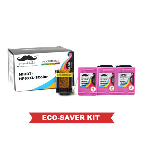 Remanufactured Hp 63xl F6u63an Eco Saver Tri Color Ink Cartridge High Yield 3pk Combo Moustache®