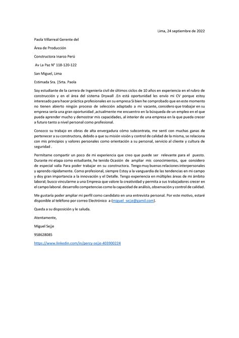 Carta De Presentaci N Lima Septiembre De Paola Villarreal