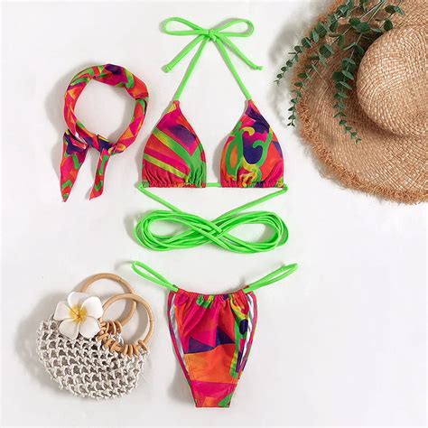 Sexy Geometry Print Swimsuit Halter Micro Thong Bikini Women Swimwear