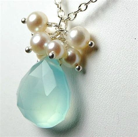 Aqua Chalcedony Necklace Freshwater Pearl Cluster On Sterling Etsy