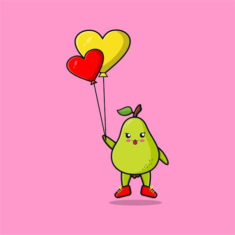 Premium Vector Cute Cartoon Pear Fruit Floating With Love Balloon