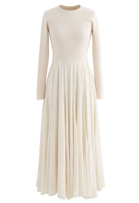 Knit Spliced Long Sleeves Maxi Dress In Cream Retro Indie And Unique Fashion