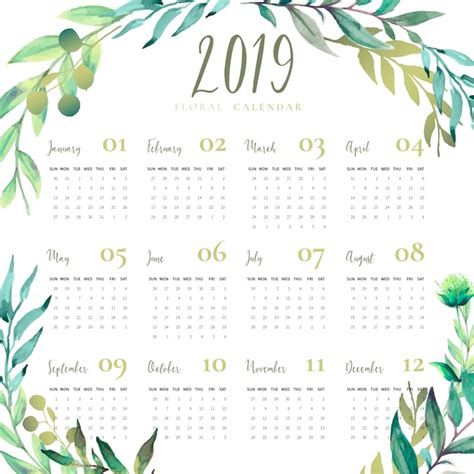 Calendario Floral Con Hojas De Acuarela Vector Gratis