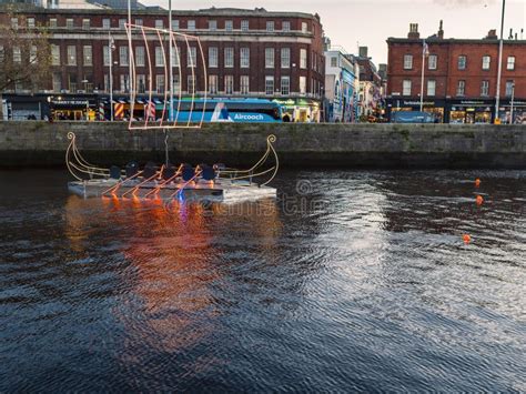 Dublin Ireland 11 27 2022 Illuminated Viking Style Boat In River