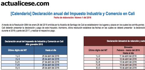 [calendario] Declaración Anual Del Impuesto De Industria Y Comercio En