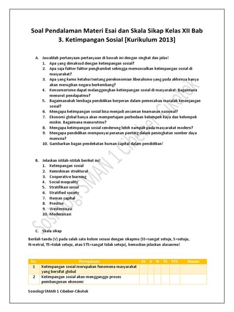 Soal Pendalaman Materi Esai Dan Skala Sikap Kelas Xii Bab 3 Ketimpangan Sosial Kurikulum 2013