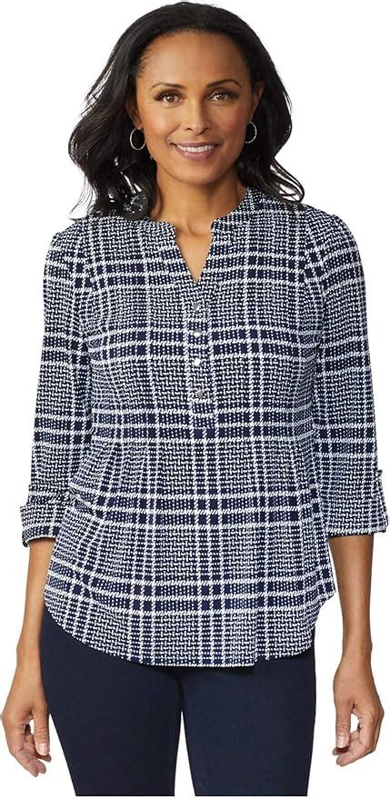 DressBarn Women S Navy White Roz Ali Navy Plaid Pintuck Knit Popover