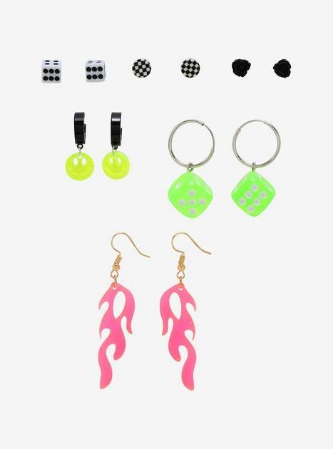 Neon Translucent Flames Dice Smile Earring Set Hot Topic