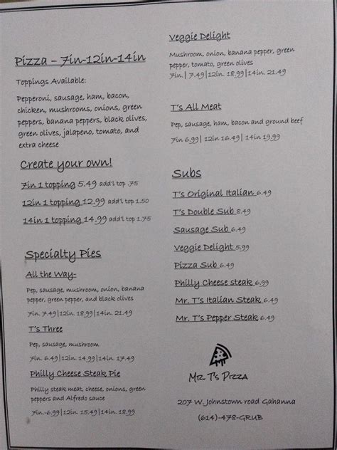 Menu At Mr Ts Pizza Pizzeria Gahanna