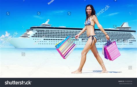 Woman Bikini Shopping Bags Beach Summer Stock Photo