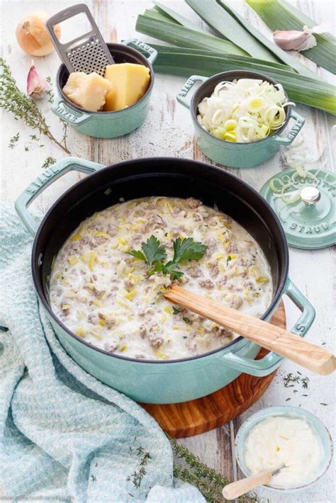 Käse Lauch Suppe mit Hackfleisch