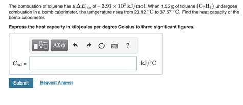 Solved The Combustion Of Toluene Has A Erxn Of Chegg