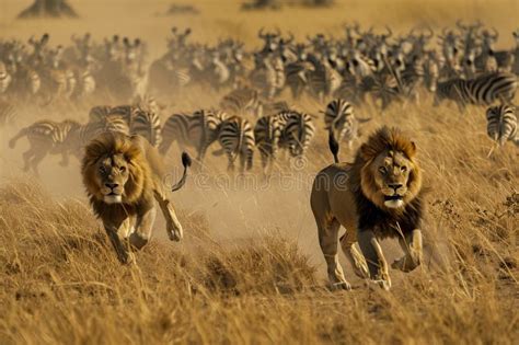 Two Majestic Lions King of the Savannah, Chase Zebras through Golden Grasslands. Stunning ...