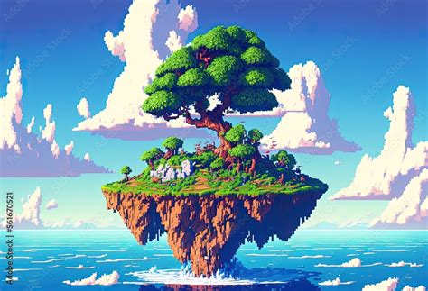 Pixel Art Of Paradise Island Floating In The Sky Background In Retro