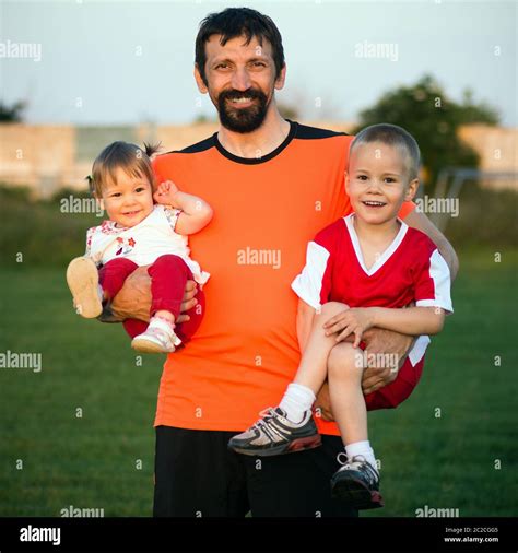 Family portrait of happy family with uncle and children outdoors. Uncle ...