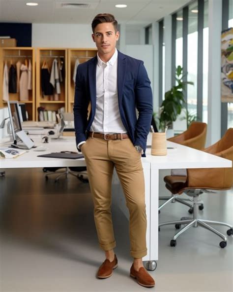 Navy Blue Blazer With Camel Rolled Up Chinos Hockerty