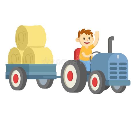 Smiling Farmer Driving Tractor With A Trailer Of Hay Flat Vector