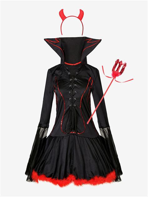 Halloween Devil Costumes For Women Red Polyester Color Block Scary ...