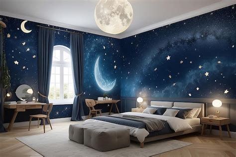 Premium Ai Image Celestial Moon And Stars Wall Mural In A Dreamy