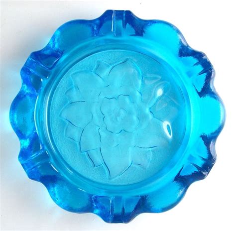 Vintage Blue Glass Ashtray Flower Bright Mid By Recyclebuyvintage