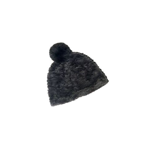 Plushmello Textured Faux Fur Beanie W Pom Pom Charcoal Sprigs