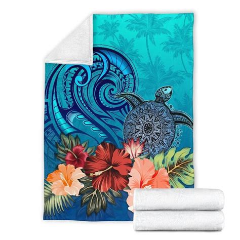 AIO Pride Turtle Polynesian Premium Blanket Hibiscus Polynesian Blue