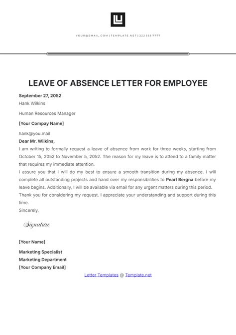 Free Leave Of Absence Letter For Employee Template Edit Online