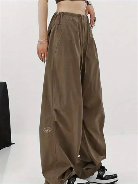 HOUZHOU Y2K Vintage Brown Cargo Parachute Pants Women Kpop Hippie