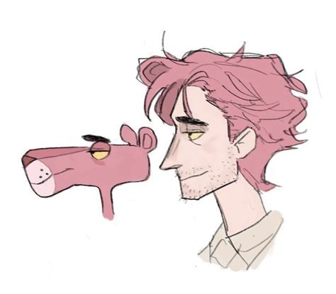 A Drawing Of A Man With Pink Hair Looking At A Cow S Eye And Nose