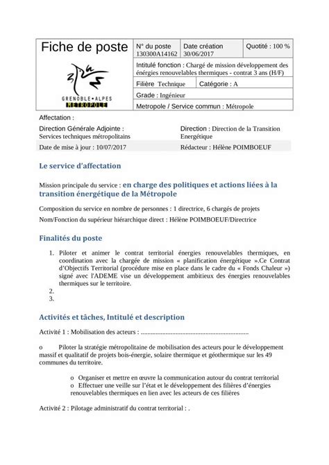 PDF Fiche de poste Quotité lametro fr Fiche de poste N du poste