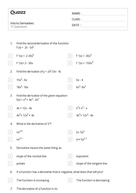 50 Derivatives Worksheets For 10th Class On Quizizz Free And Printable