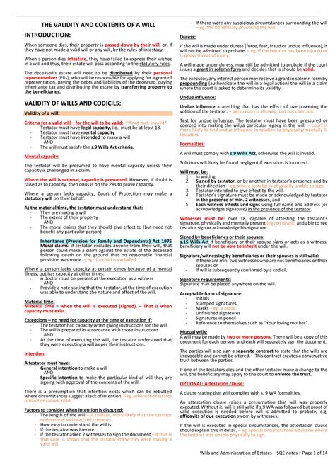 SQE Notes Wills And Administration Of Estates Notes 2022 SQE Stuvia UK