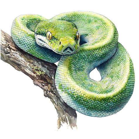 Watercolor Painting Of A Green Tree Python Wrapped Around A Branch