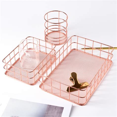 Nordic Rose Gold Metal Wire Storage Basket Office Desktop Table ...