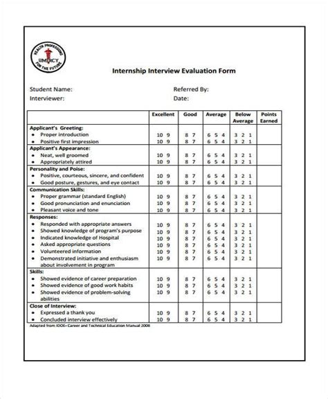 Free Internship Evaluation Forms In Pdf Excel Ms Word