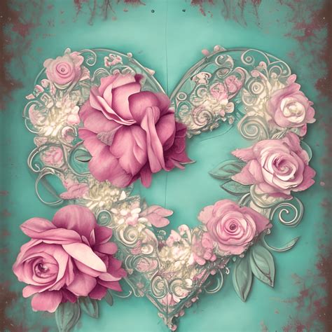 Shabby Chic Teal And Pink Flowers Leaves Centered Middle Of Frame