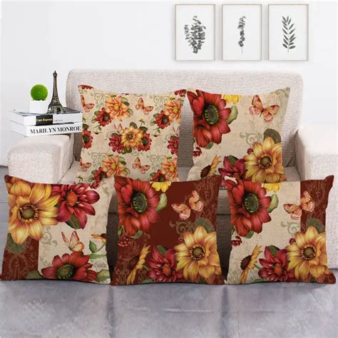 45cm 45cm Dark Red Sunflower Design Linen Cotton Throw Pillow Covers Couch Cushion Cover Home