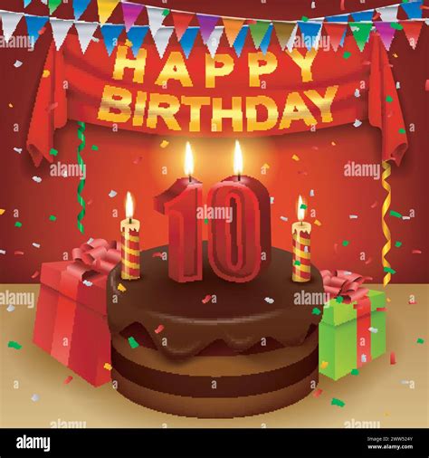 Happy 10th Birthday With Chocolate Cream Cake And Triangular Flag Vector Illustration Stock