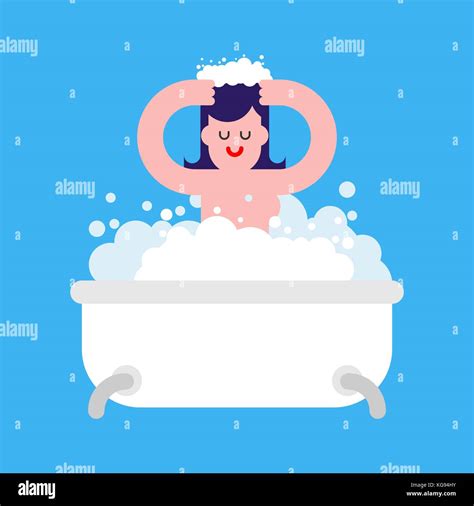 Girl In Bath Isolated Woman Washing Bath And Foam Vector