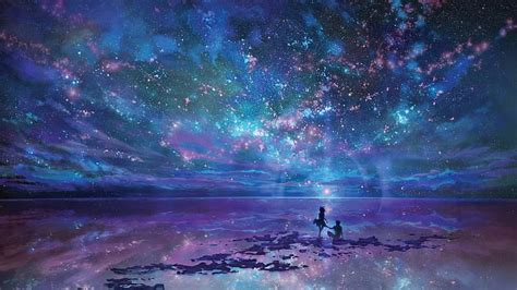 HD wallpaper: fantasy art, water, anime, sky, night sky, stars ...