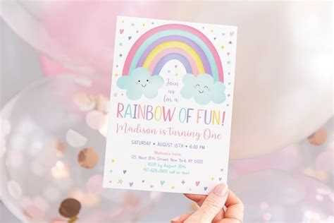 Editable Rainbow First Birthday Invitation Girls Rainbow Party Pastel