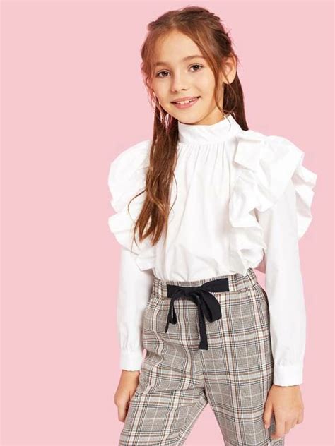 Girls Mock Neck Ruffle Embellished Pleated Front Blouse Shein Usa