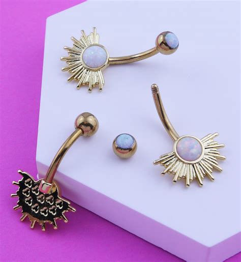 Gold Pvd Sunburst White Opalite Stainless Steel Belly Button Ring