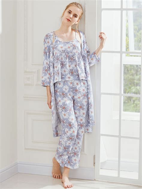 Daisy Print Cami Pajama Set With Robe Night Wear Dress Cotton Night