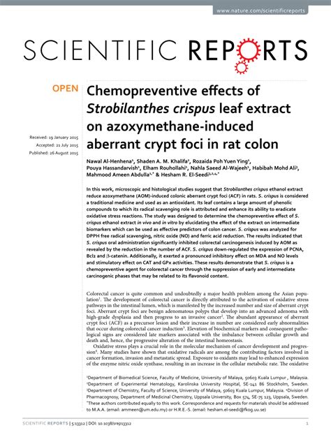 Pdf Chemopreventive Effects Of Strobilanthes Crispus Leaf Extract On