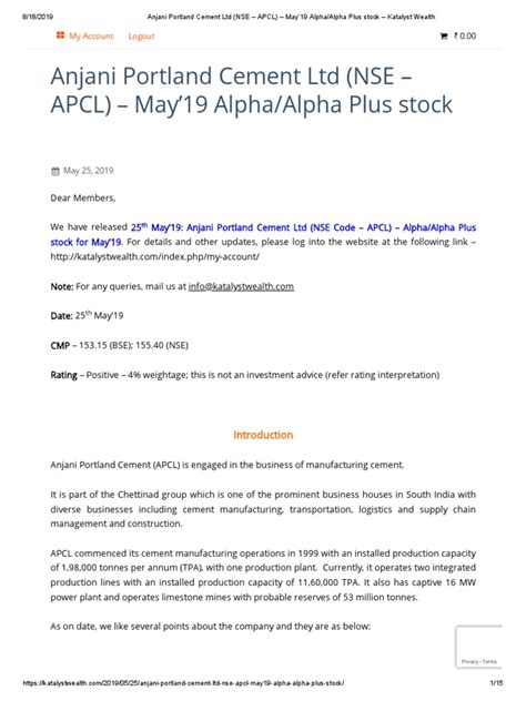 Anjani Portland Cement LTD (NSE - APCL) - May'19 Alpha - Alpha Plus ...