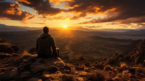 Hombre Sentado Sobre Una Roca Y Contemplando El Atardecer En Las