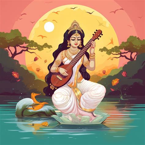 Saraswati Devi Goddess Happy Vasant Panchami Indian Festival Goddess