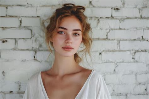 Mujer Joven Posando Contra Una Pared De Ladrillo Blanco Foto Premium