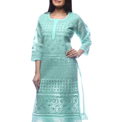 Seva Chikan Hand Embroidered Sea Green Cotton Lucknowi Chikan Kurti Sc